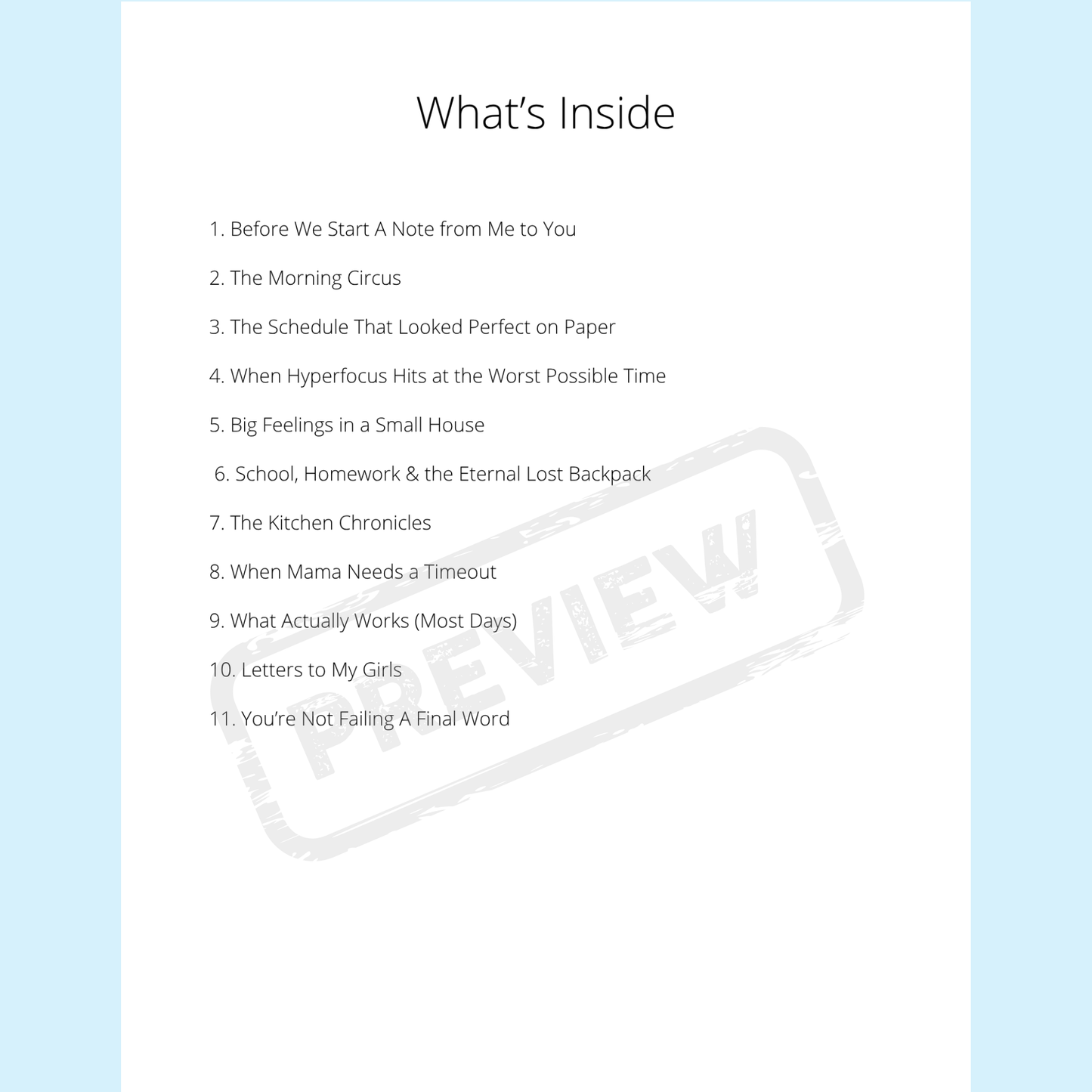 List of chapter titles with a 'Review' stamp on a light blue background