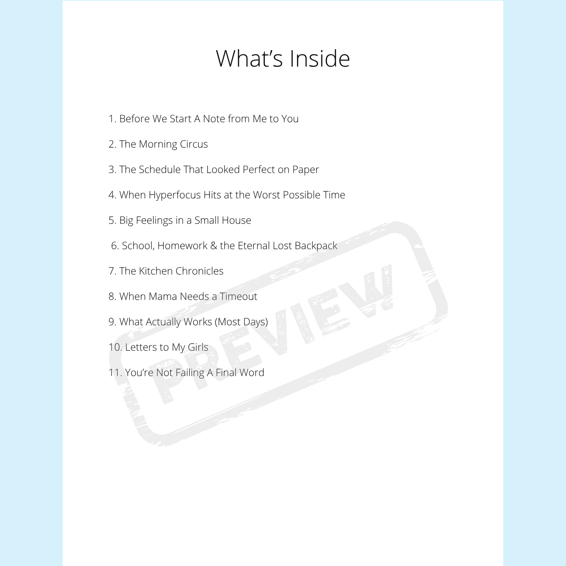 List of chapter titles with a 'Review' stamp on a light blue background