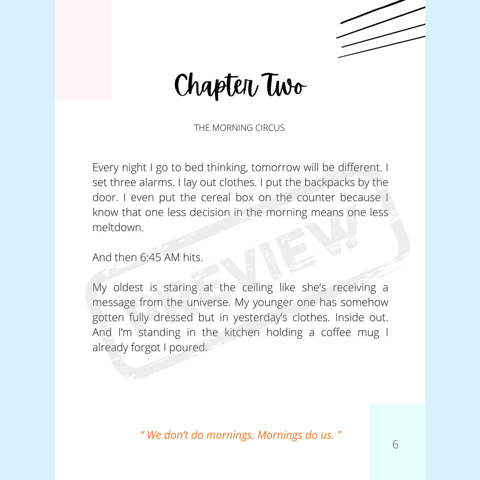 Book page with text and design elements on a light blue background
